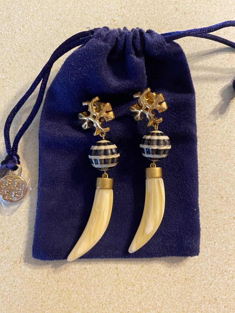 Tory Burch Roxanne Gold Logo Horn Drop Earrings